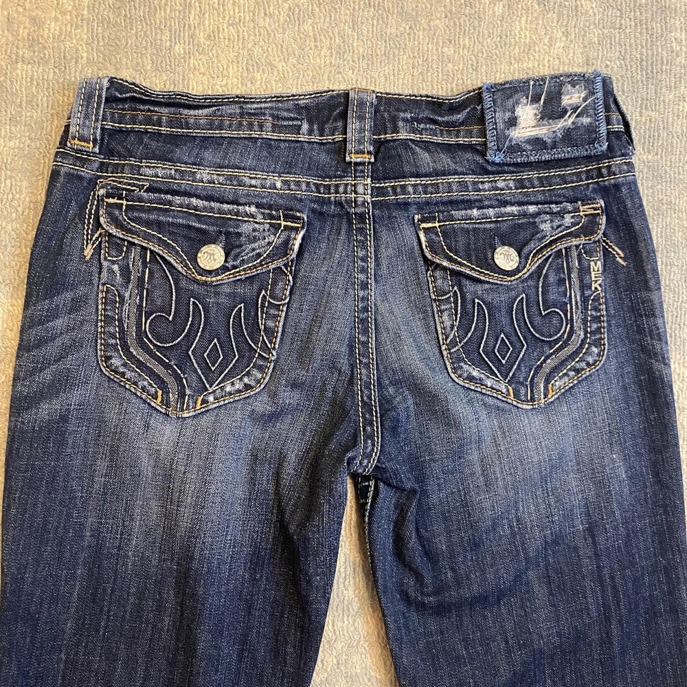 MEK Denim Berkeley Bootcut Jeans Womens 29x34 Blue Low Rise Stretch Distressed